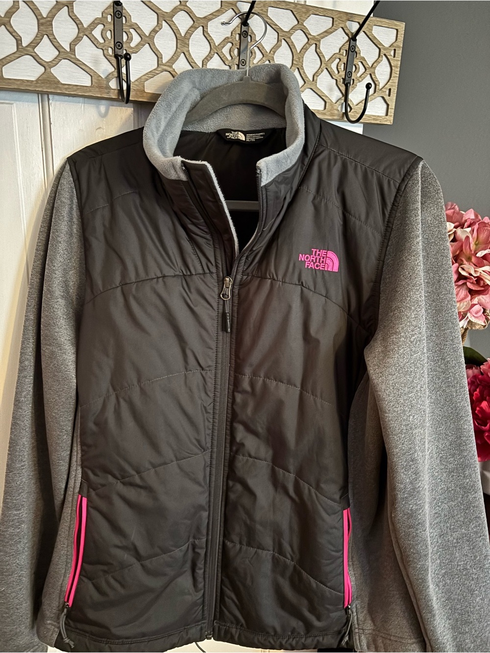 The North Face Women’s Black & Gray Hybrid Puffer Jacket with Pink Accents